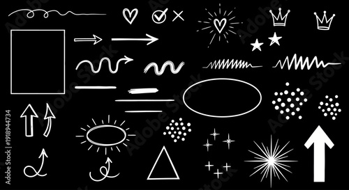 Graphic designer creates various white abstract shapes and symbols on black dfghtred background for artistic purposes.