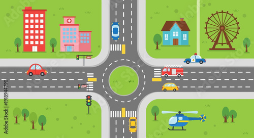 Vehicles move around a busy intersection with a helicopter overhead dfghtred 43 ai