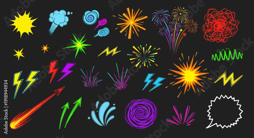 A vibrant digital illustration of various colorful explosion and spark effects on a black background with dfghtred elements.