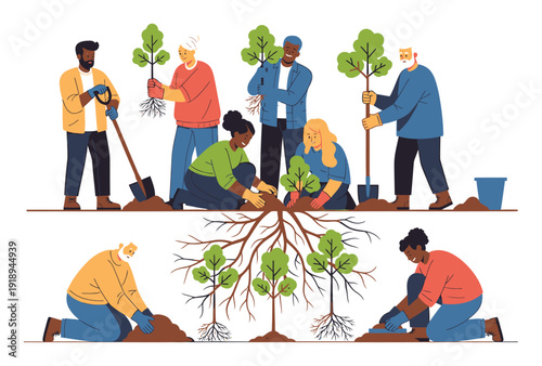 Community Tree Planting - Diverse Group, Vector Illustration