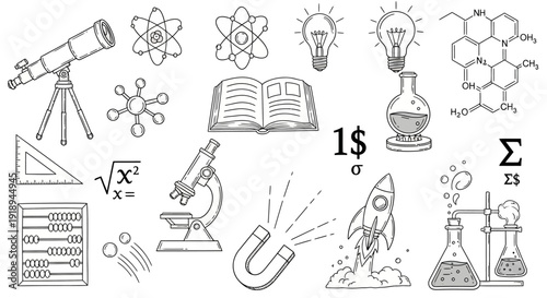 Various science tools and symbols arranged on a white background dfghtred 57 ai