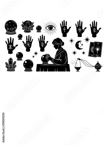 Fortune Teller Vector Set - Black Silhouette Illustrations, Mysticism Graphics, Crystal Ball , Palm Reading Design Elements