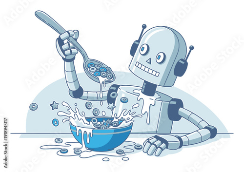 Robot Cereal Chaos - Funny Vector Illustration
