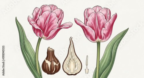 Pink tulips with bulbs and leaves on white background for floral design and gardening
