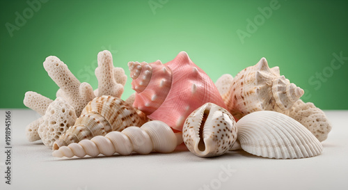 Tropical Sea Shells from Los Roques on Green Background