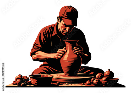 Pottery Wheel & Clay Vase - Vector Illustration