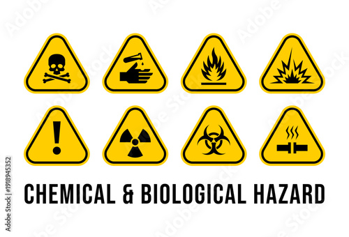 Chemical and Biological Hazard Warning Signs Set – Toxic, Flammable, Corrosive, Radioactive Symbols on Yellow Triangle
