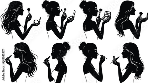 Set of Makeup Application Silhouette Illustrations Featuring Women Using Brushes, Lipsticks, Palettes, and Compacts in Black-and-White Artwork