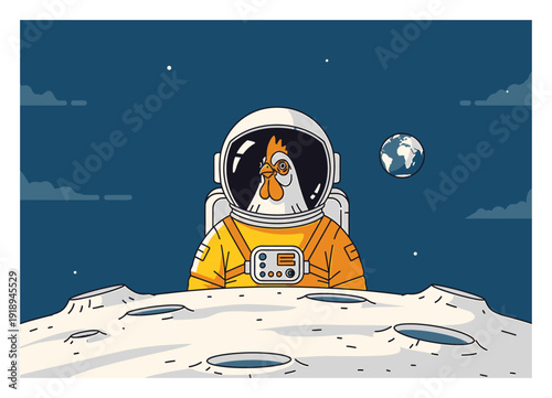 Astronaut Chicken on the Moon - Flat Vector Illustration