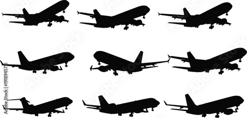 Set of Airplane Silhouette Illustrations Featuring Commercial Aircraft in Various Angles with Landing Gear Extended in Black-and-White Artwork