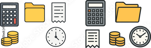 A collection of essential financial tools includes a calculator, folder, receipt, coins, and clock, symbolizing budgeting and effective time management in business activities.