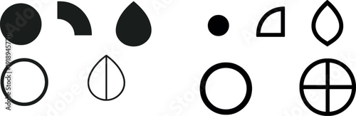 Collection of black geometric shapes arranged against a white background, showcasing diverse forms including circles, leaves, and droplets that highlight modern design aesthetics.