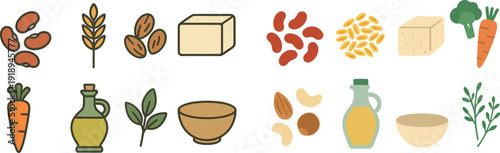 A vibrant collection of food ingredients includes beans, wheat, nuts, tofu, carrot, olive oil, herbs, and a bowl, showcasing healthy cooking options and meal preparation inspiration.