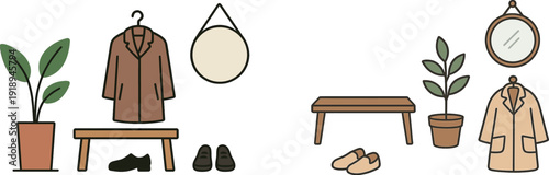 A cozy entrance displays a brown coat hanging on a hook, with matching shoes on the floor. A plant and wall decor add a fresh touch to the inviting space.