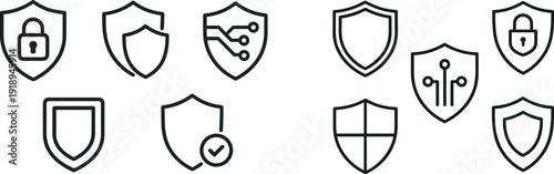 Multiple minimalist shield icons illustrate concepts of digital security and protection. Each icon features distinct designs, emphasizing the importance of safeguarding information.
