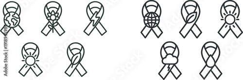 Five distinct icons depict awareness ribbons symbolizing global issues such as environmental protection, mental health, and disaster relief. Each design conveys a unique message for advocacy.
