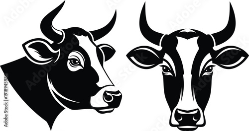 Cow head silhouettes vector illustration, black and white cattle face profiles isolated on white background, livestock farming logo design