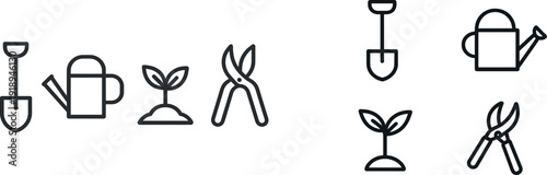 Various gardening tools and plant symbols are arranged in a minimalist style, highlighting the essential equipment for planting and nurturing greenery.