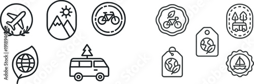 A collection of icons showcases different travel symbols including an airplane, mountains, a bicycle, a globe, and a van with a tree, emphasizing outdoor adventures and eco-conscious travel.