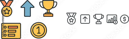 Colorful icons depict themes of achievement and success including a medal, trophy, upward arrow, checklist, and number one symbol, illustrating the concept of reaching goals.