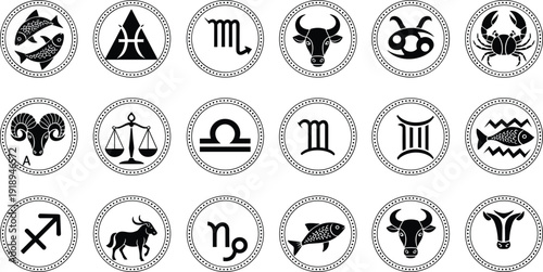 Zodiac signs vector icon set, astrology horoscope symbols collection in black and white isolated on white background