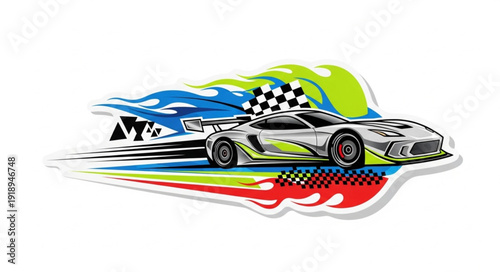 Racing Car Speeding with Checkered Flag.