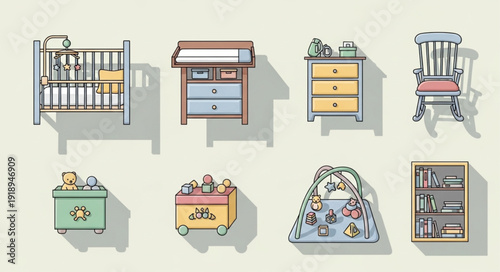 Collection of baby nursery furniture and accessories arranged on a plain background.