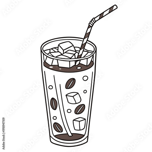 Iced Coffee Drink with Ice Cubes and Straw - Line Art