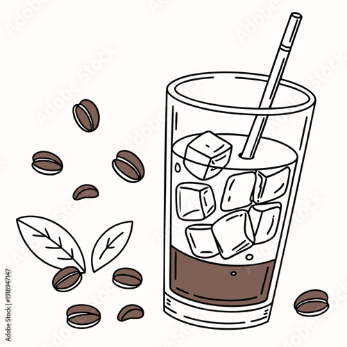 Iced Coffee Drink in Tall Glass with Ice and Beans