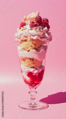 Wallpaper Mural Delicious English trifle dessert in clear glass. Layers: sponge cake, berry confit, custard, whipped cream. Glass on pastel pink background. Copy space left for text or logo.  Torontodigital.ca