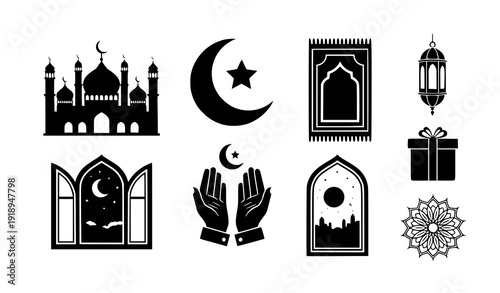 Islamic Holiday Silhouette Icons – Eid Mubarak Monochrome Symbol Collection