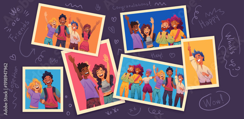 Photo frames set. Colorful flat design showing friends and colleagues capturing moments with smartphone. Happy characters creating album memories during vacation and celebrations. Vector illustration