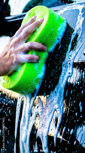 Person's hand using a bright green sponge to clean a dark car surface, creating a cascading flow of white soap suds and water, symbolizing meticulous care and vehicle detailing