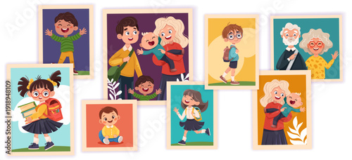 Family photos with Parents and kids portrait in frames. Memory pictures with grandparents, children. Vector cartoon illustration