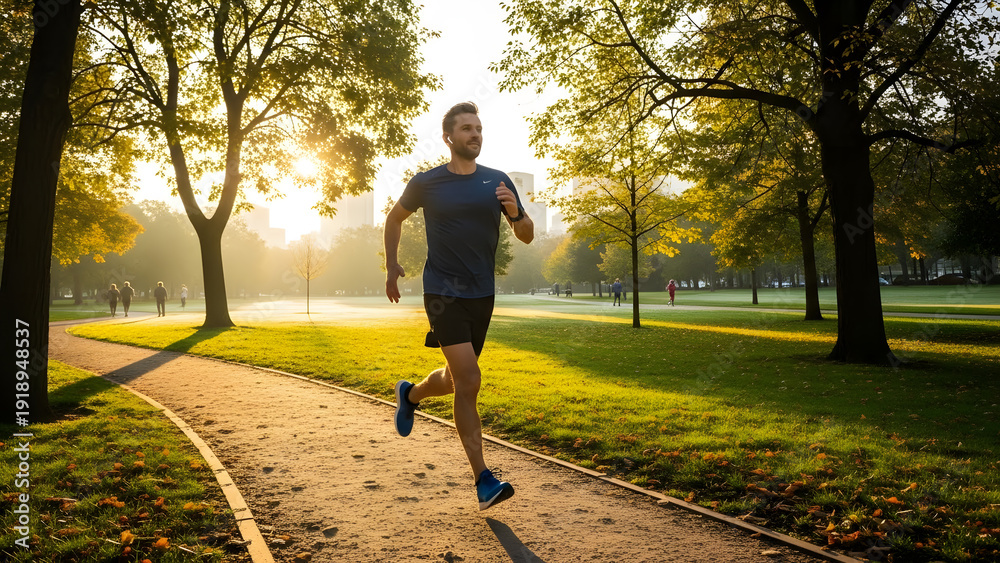 Fototapeta premium Young athletic man jogging along a winding path in a public park at sunrise