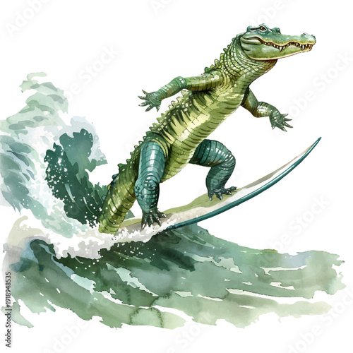 crocodile surfing hand drawn vector illustration