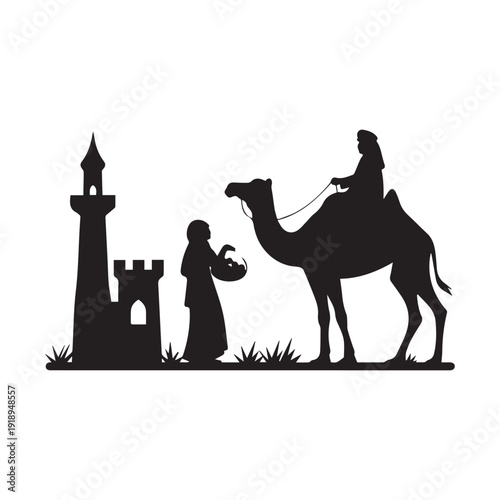 Silhouette Collection of Islamic Culture Traditional Arab People Mosque and Camel Elements. 