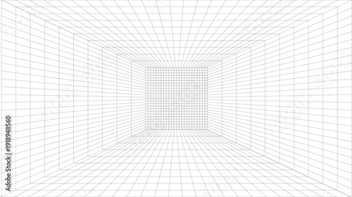 Abstract 3D Wireframe Grid Tunnel Background, Perspective Line Room Minimal Technology Design