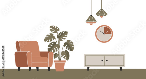 Modern minimalist living room interior with furniture and decor.