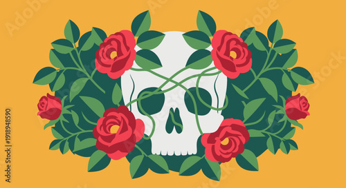 White skull surrounded by red roses and green leaves on orange background.