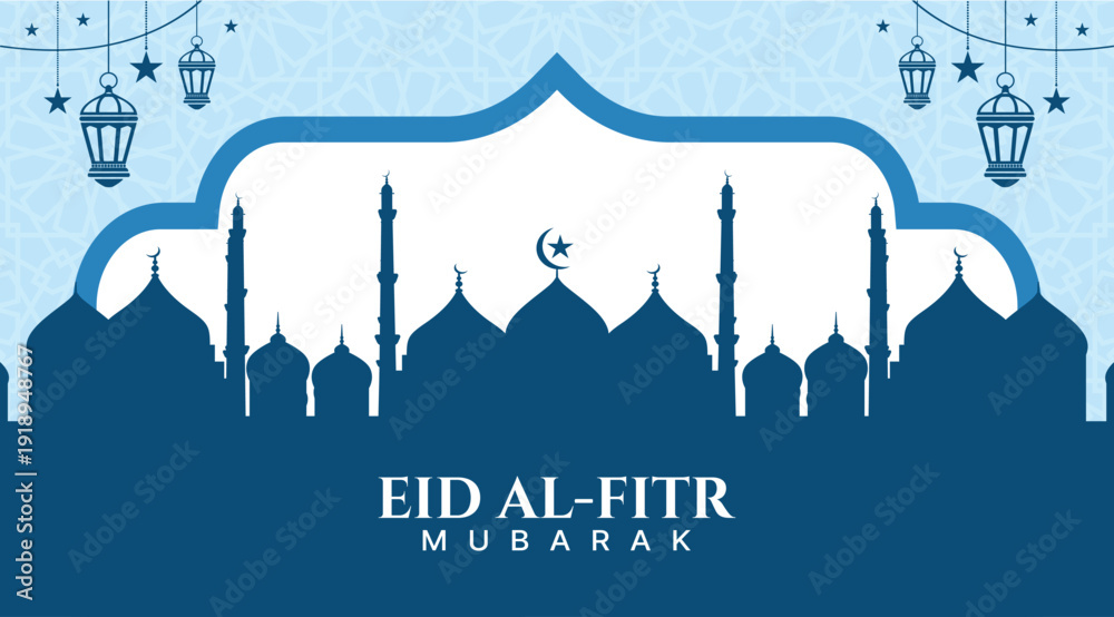 Obraz premium Blue Framed Eid Mubarak Mosque Greeting Template