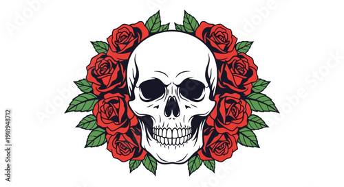Illustration of a human skull surrounded by red roses.