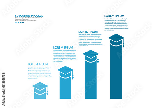Education process infographic with graduation caps on blue rising bars