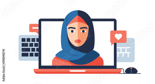 Woman in hijab using laptop for social media.