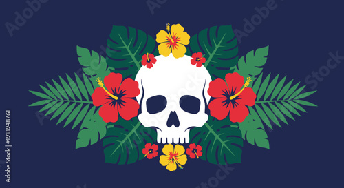Skull surrounded by tropical flowers and leaves on dark blue background.