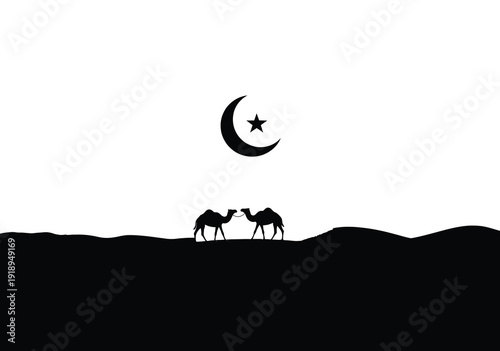 Desert night with camels and crescent moon