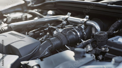 Wallpaper Mural Car engine with intricate components, hoses, and metal pipes illustrating automotive engineering, technology, and vehicle maintenance under bright light Torontodigital.ca