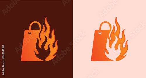    Shopping bag fire flame logo hot sale retail store burning ecommerce brand icon
