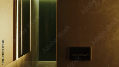 Modern interior design showcasing a luxurious hallway with minimalist architecture and warm golden strip lighting illuminating the walls and floor, creating an elegant atmosphere