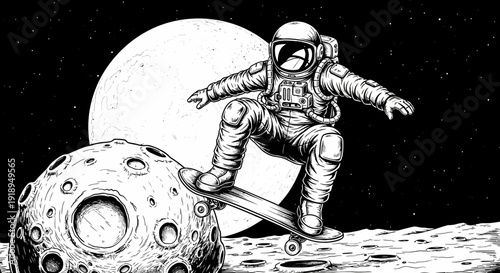 Astronaut skateboarding on the moon's surface with Earth in the background.